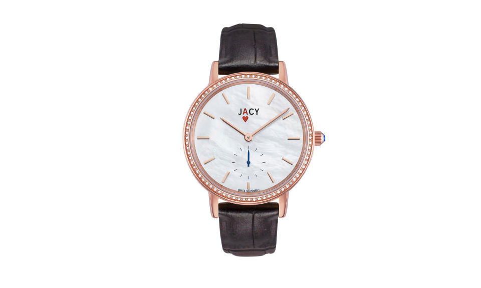 <p>The Ace, $795, <a rel="nofollow noopener" href="https://www.jacywatches.com/collections/watches/products/jacy-watch-35mm-diamond-bezel-rg-with-pearlize-brown-croco-calf-strap" target="_blank" data-ylk="slk:jacywatches.com;elm:context_link;itc:0;sec:content-canvas" class="link ">jacywatches.com</a> </p>