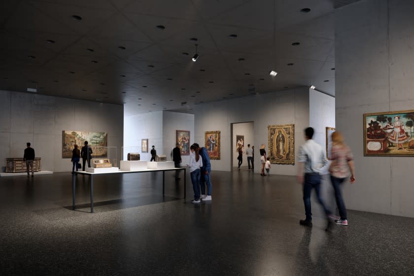 A horizontal view shows museum goers strolling along black terrazo floors among concrete walls hung with art.