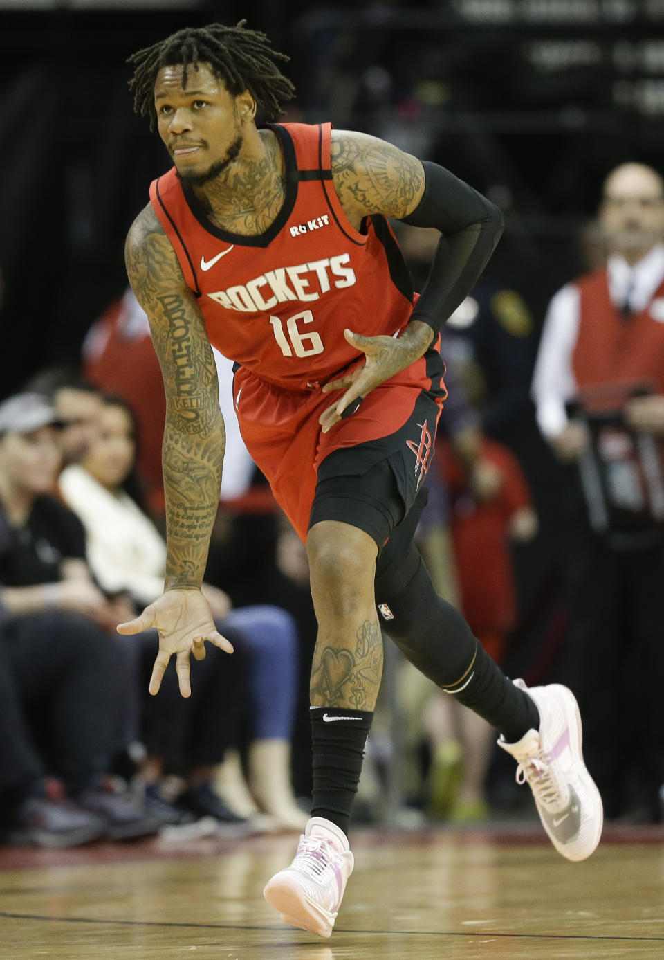 Houston Rockets guard Ben McLemore reacts after making a three-point basket during the first half of an NBA basketball game against the New Orleans Pelicans, Sunday, Feb. 2, 2020, in Houston. (AP Photo/Eric Christian Smith)