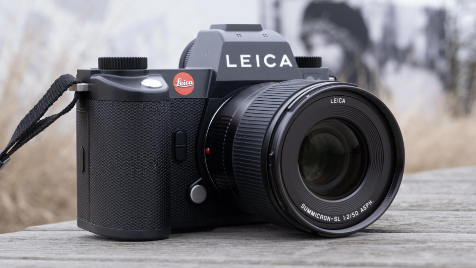 The Leica SL3 camera sat on a wooden bench