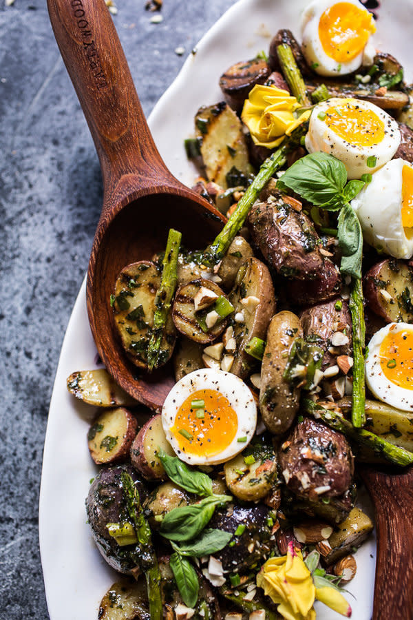 <strong>Get the <a href="http://www.halfbakedharvest.com/grilled-potato-salad-with-almond-basil-chimichurri-and-7-minute-eggs/" target="_blank">Grilled Potato Salad with Almond-Basil Chimichurri and 7-Minute Eggs recipe</a>&nbsp;from Half Baked Harvest</strong>