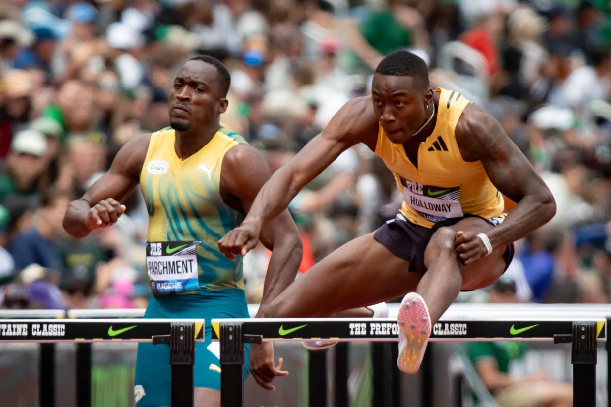 Grant Holloway wins the men’s 110 meter hurdles during the Prefontaine Classic on May 25 at Hayward Field.