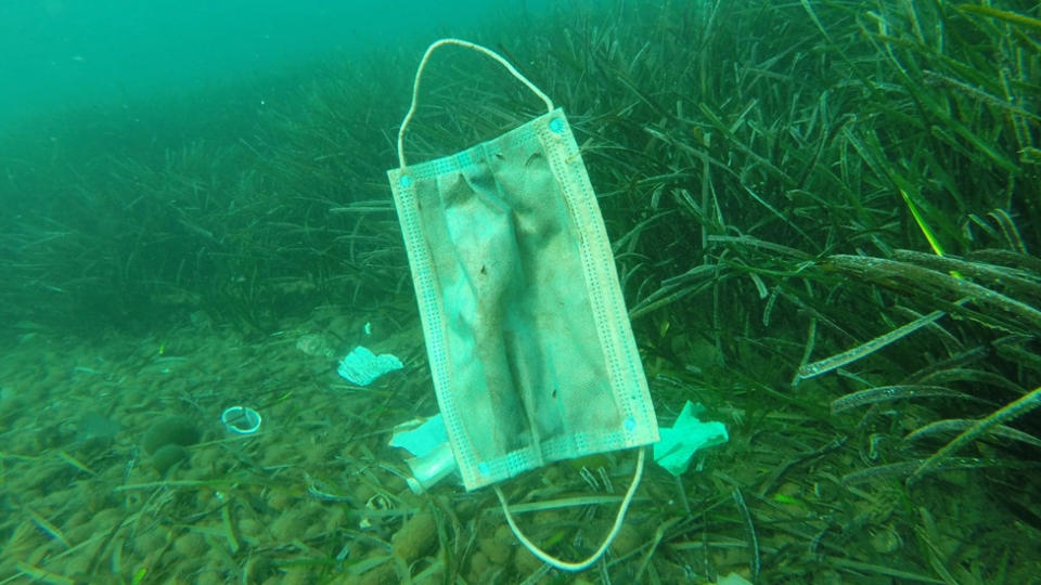 A surgical mask floating in the ocean