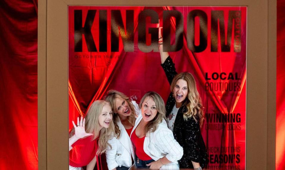 Melissa Leimkuehler, left, Kristen Guillaume, Kelly Bianchi and Rachel Richter pose in a photo booth during the 12th annual Chiefs Style Lounge on Tuesday, Oct. 17, 2023, in Kansas City.