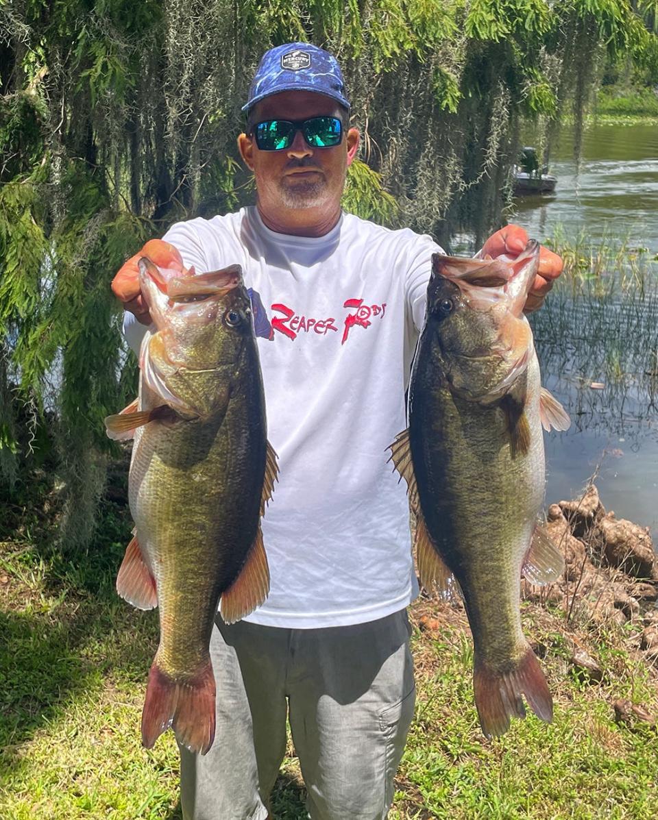 Jason Brewer had big bass with a 7.28 pounder to help him and his partner Cheryl Brewer to a total weight of 17.33 pounds and second place during the Xtreme Bass Series Central Florida Division tournament August 21 on Lake Marion.