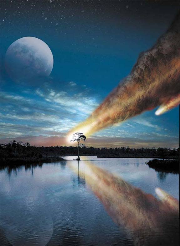 An artist’s concept of the giant asteroid or comet plunging into what is now Chesapeake Bay 35 million years ago.