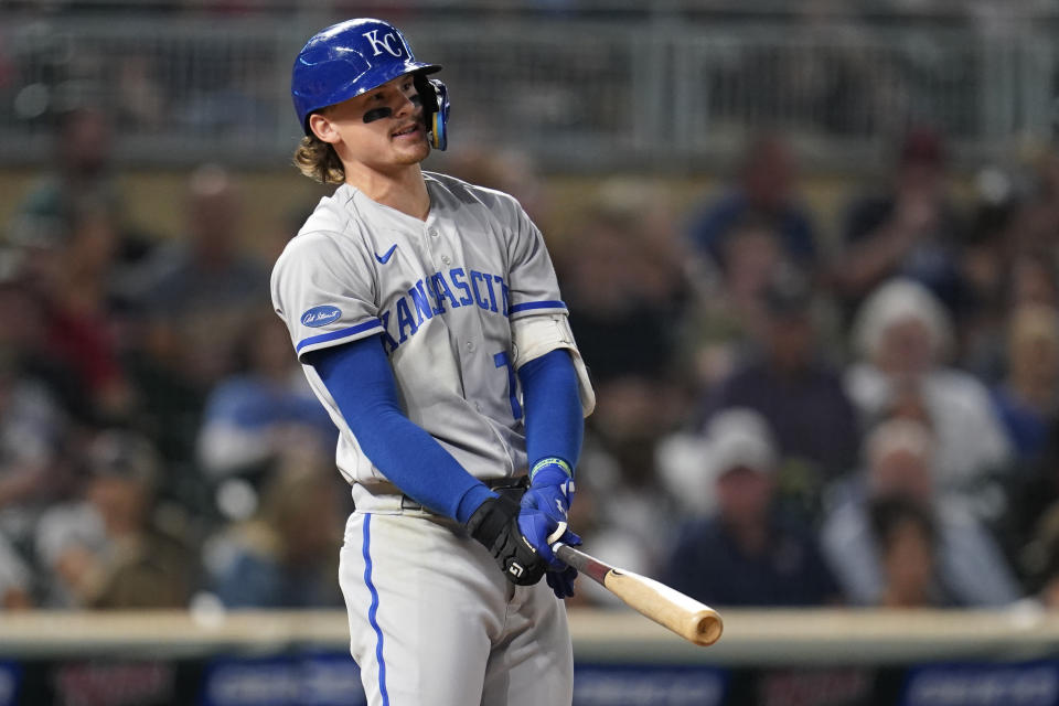 Kansas City Royals' Bobby Witt Jr. reacts after striking out during the seventh inning of the team's baseball game against the Minnesota Twins, Tuesday, Sept. 13, 2022, in Minneapolis. (AP Photo/Abbie Parr)
