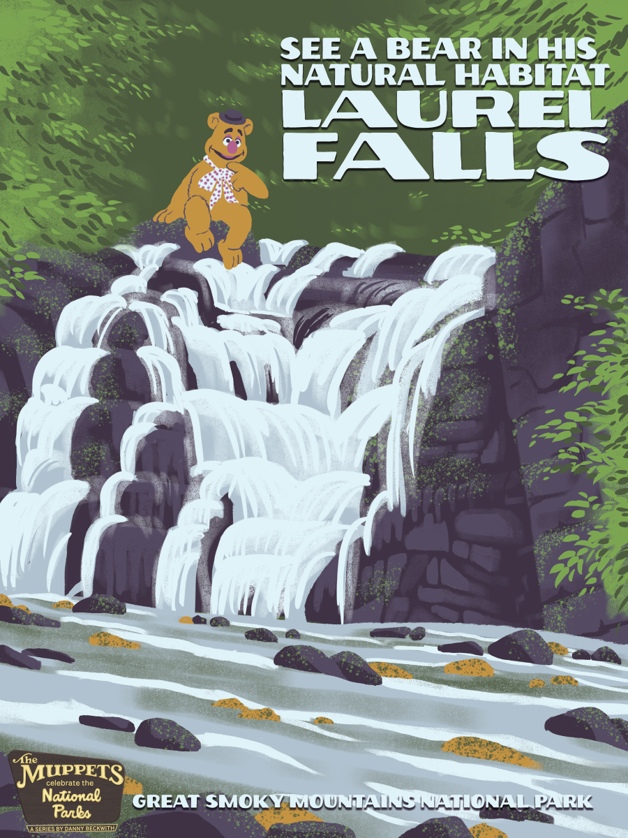 A national park poster with Fozzie sitting on top of a waterfall