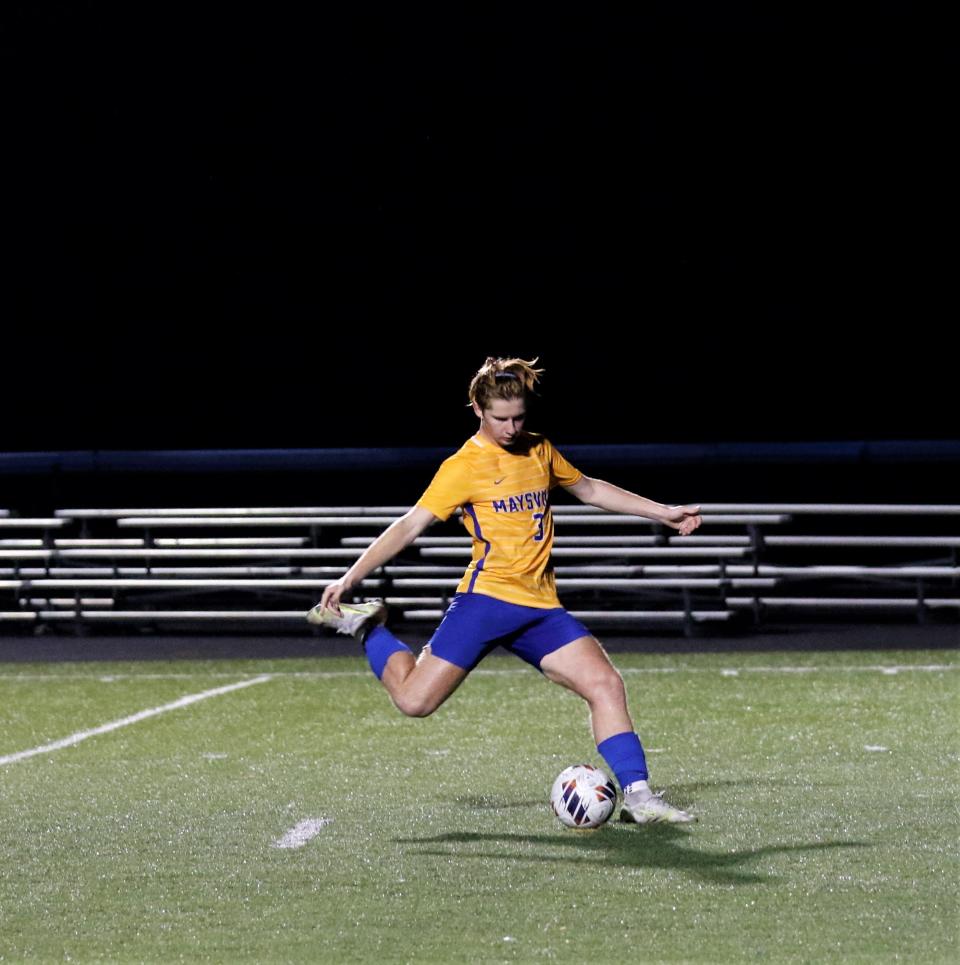 Maysville's Wyatt Mynes, shown scoring on a penalty kick against John Glenn, has been voted one of the top boys soccer players in Ohio in 2023.