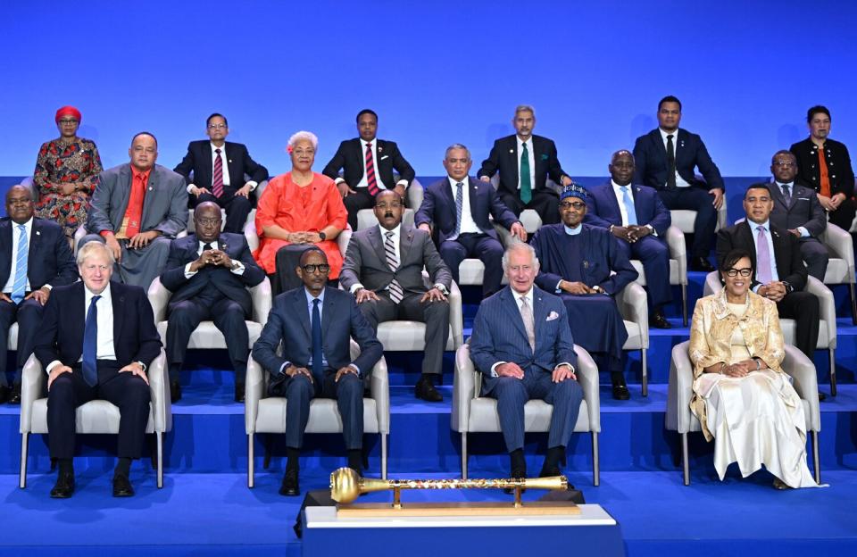 Boris Johnson, President of Rwanda Paul Kagame, Prince Charles and Patricia Scotland, Secretary-General of the Commonwealth of Nations CHOGM Opening Ceremony