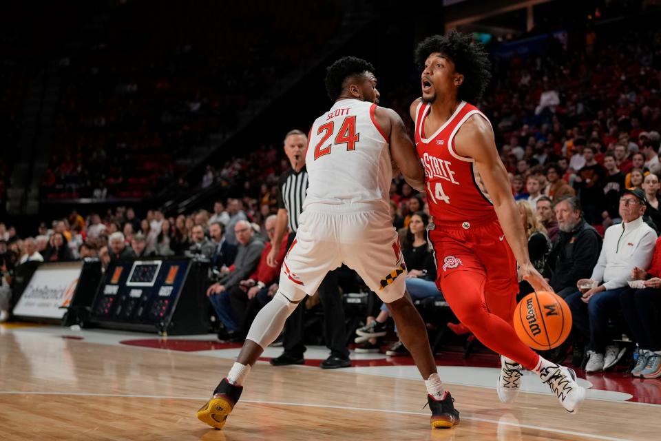 Ohio State forward Justice Sueing drives past Maryland's Donta Scott.