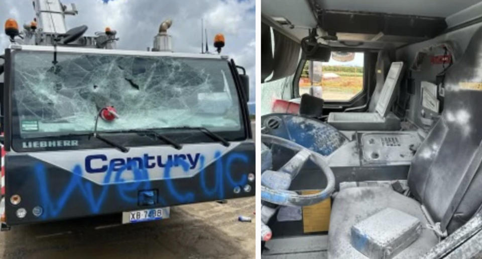 Left: A picture of a vandalised windscreen of a crane cabin in Cairns, and right the inside of the cabin covered in fire extinguisher foam. Source: The Cairns Post