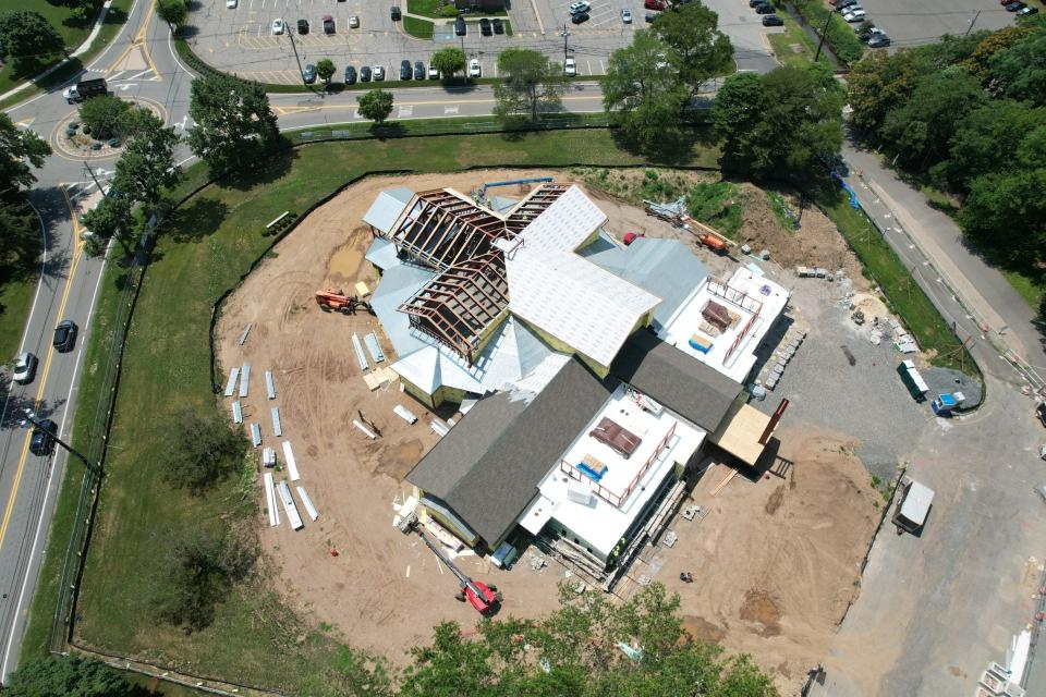 Aerial photo of Most Blessed Sacrament Church in Franklin Lakes under construction at the intersection of Franklin Lake Road (left) and High Mountain Road (top).