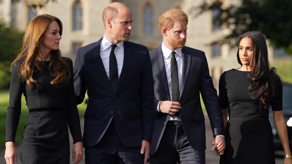 Catherine, Princess of Wales, Prince William, Prince of Wales, Prince Harry, Duke of Sussex, and Meghan, Duchess of Sussex on the long Walk at Windsor Castle