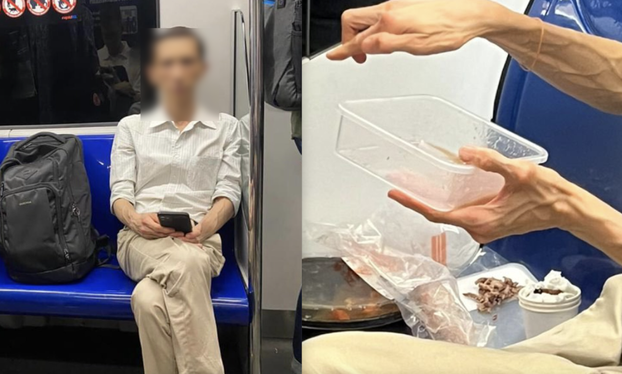 A composite image of a man hogging seats in a train and having a meal