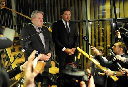 Sigurdur Ingi Johannsson (L), minister of fisheries and agriculture of the Progressive Party who was named as new prime minister by two government coalition parties attends press conference together with finance minster Bjarni Benediktsson in Reykjavik, Iceland on April 6, 2016. REUTERS/Sigtryggur Johannsson