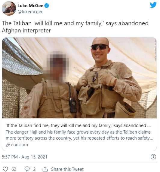   一名擔任美軍翻譯的當地人卻被拒簽2次，恐遭塔利班追殺。（圖／翻攝自@lukemcgee推特）