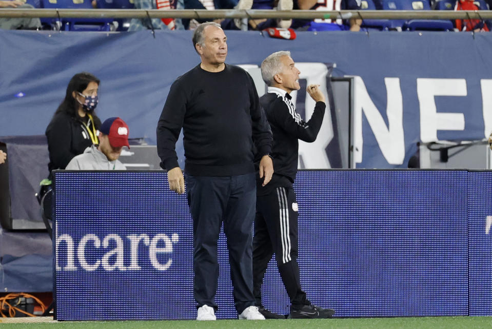 FOXBOROUGH, MA - SEPTEMBER 11: New England Revolution assistant coach Richie Williams yells instructions with New England Revolution sporting director and head coach Bruce Arena during a match between the New England Revolution and New York City FC on September 11, 2021 at Gillette Stadium in Foxborough, Massachusetts. (Photo by Fred Kfoury III/Icon Sportswire via Getty Images)