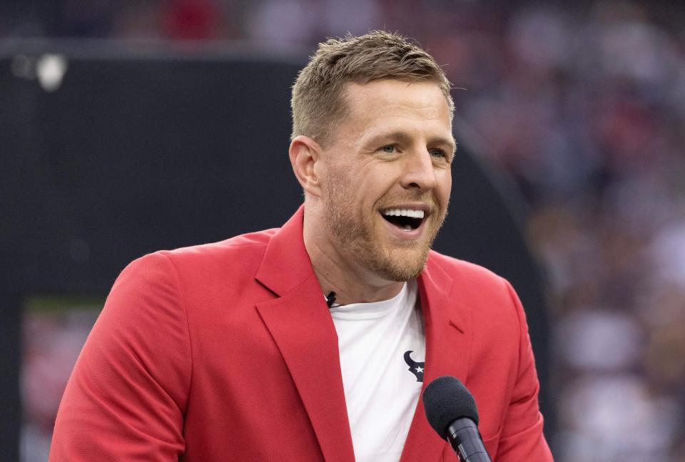 Former Houston Texans JJ Watt speaks to the fans during his Ring Of Honor Ceremony at halftime during the game between the Texans and Pittsburgh Steelers at NRG Stadium.