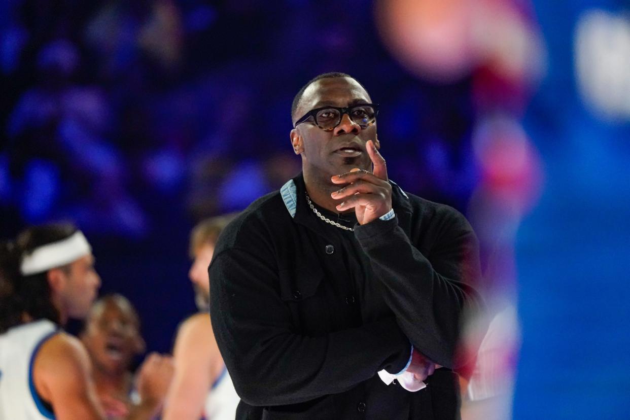 Shannon Sharpe, head coach of Team Shannon watches the score during the 2024 Ruffles NBA All-Star Celebrity Game on Friday, Feb. 16, 2024, at Lucas Oil Stadium in Indianapolis.