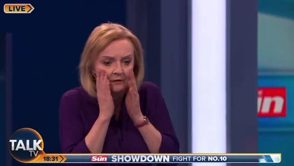 Conservative leadership candidate Liz Truss reacts with shock to an incident in the TalkTV studio (TalkTV)