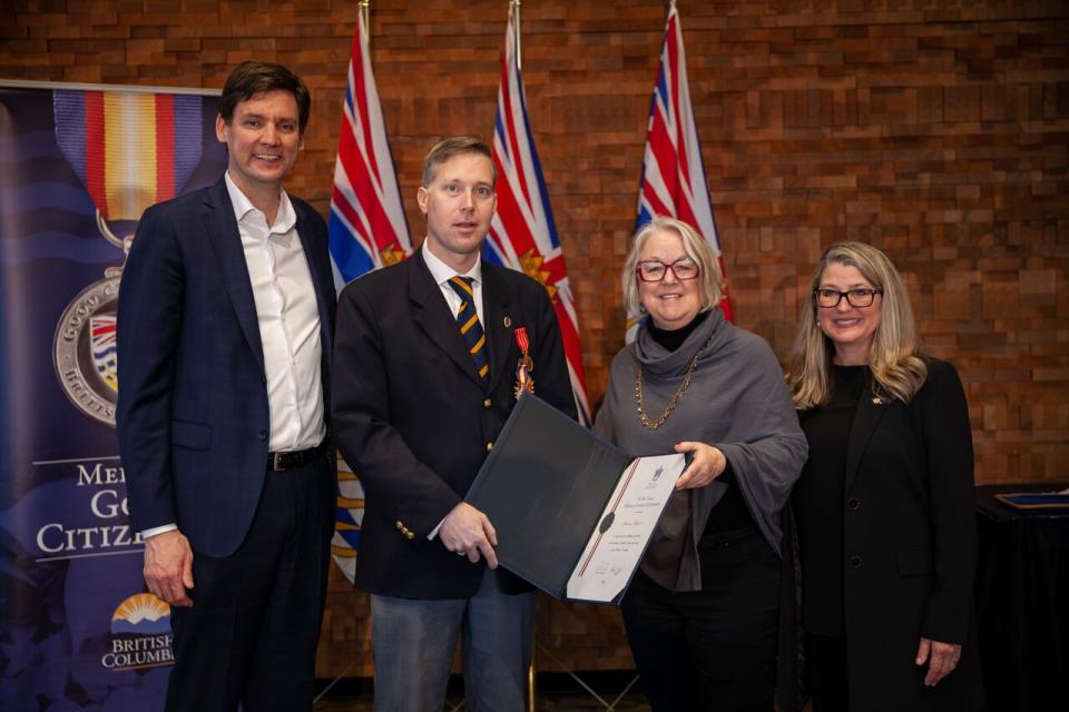 Premier David Eby and MLA Jackie Tegart Presents Johannes Mulder with a Medal of Good Citizenship from the government of British Columbia in Vancouver, British Columbia on Thursday, January 25, 2024. 