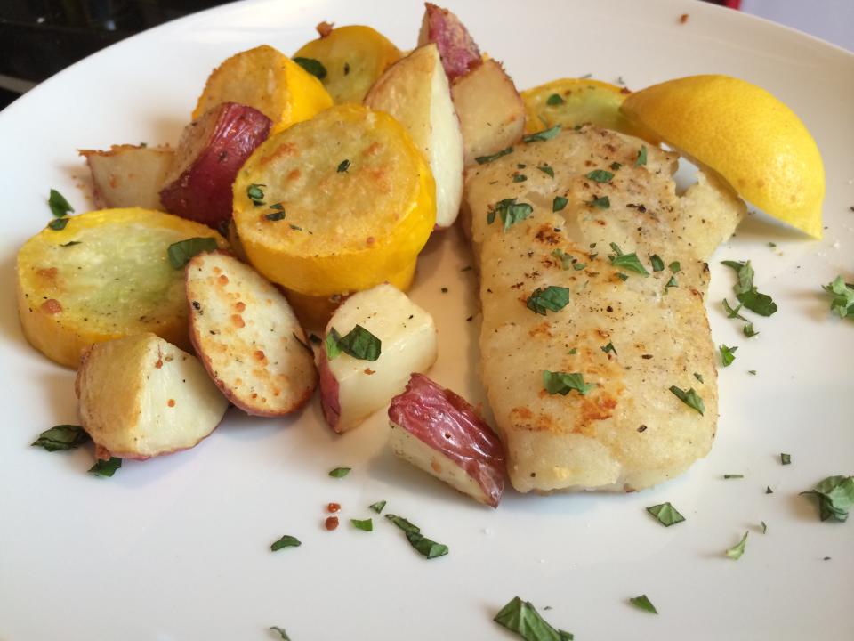 A Blue Apron meal of roasted vegetables and fish