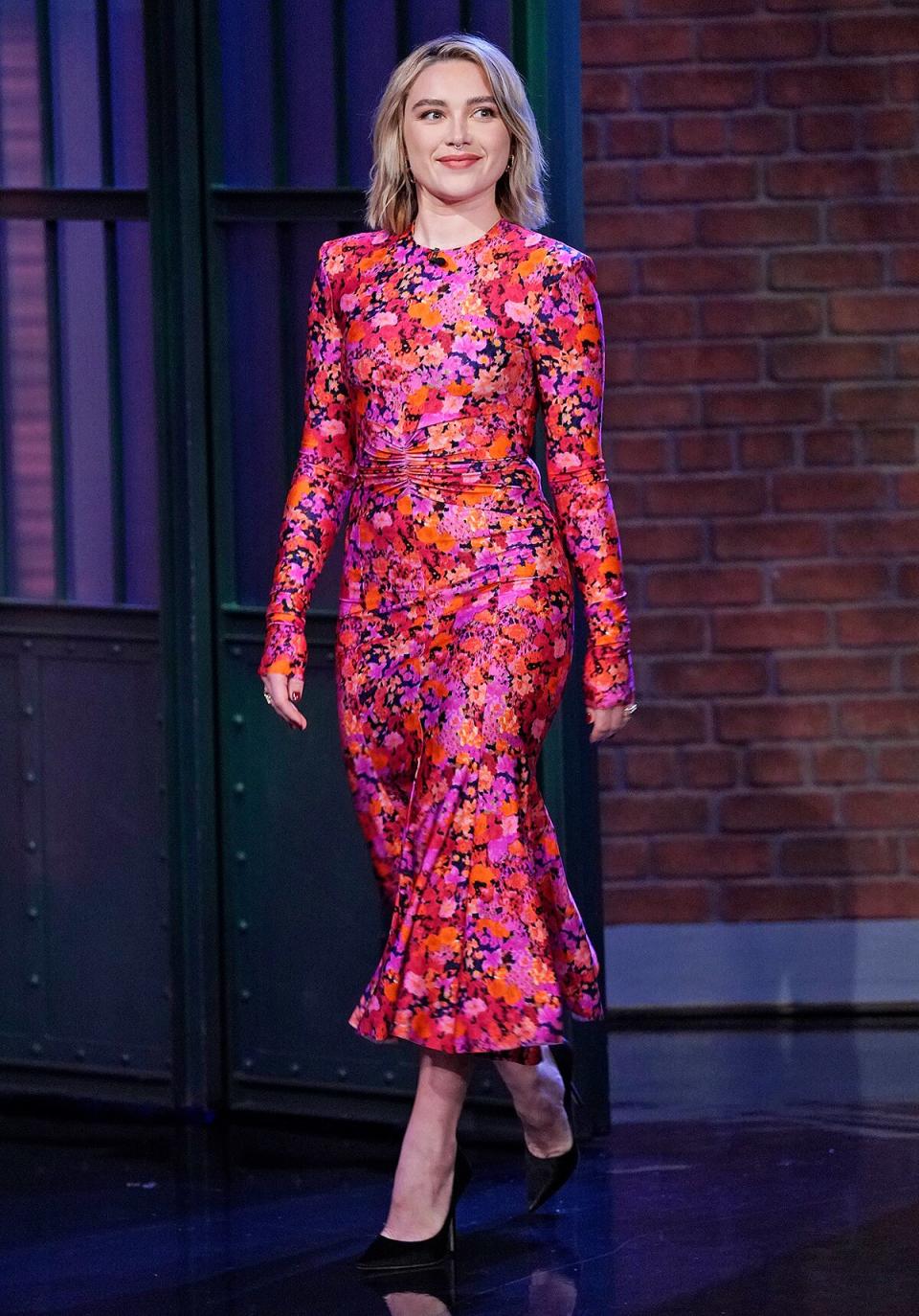 LATE NIGHT WITH SETH MEYERS -- Episode 1352 -- Pictured: Actress Florence Pugh arrives on November 9, 2022