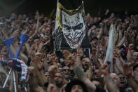 Supporters cheer before the Champions League semifinal first leg soccer match between Borussia Dortmund and Paris Saint-Germain at the Signal-Iduna Park stadium in Dortmund, Germany, Wednesday, May 1, 2024. (AP Photo/Matthias Schrader)