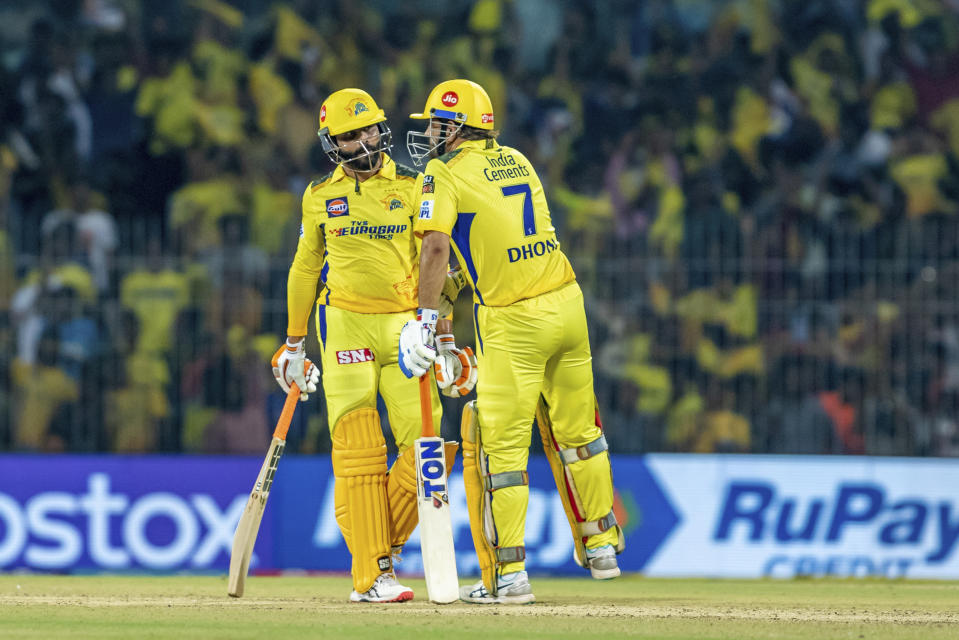 Ravindra Jadeja and MS Dhoni of Chennai Super Kings during the Indian Premier League (IPL) cricket match between Chennai Super Kings and Rajasthan Royals in Chennai, India, Wednesday, April 12, 2023. (AP Photo/ R. Parthibhan)