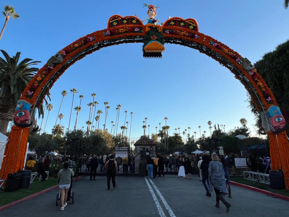 The entrance to the the Día de Los Muertos celebration at the Hollywood Forever Cemetery in Los Angeles on Saturday, Oct. 28, 2023.