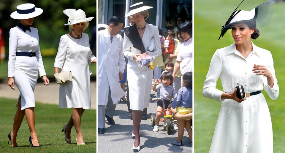 Melania Trump took style cues from Princess Diana and Meghan Markle. [Photo: Getty]