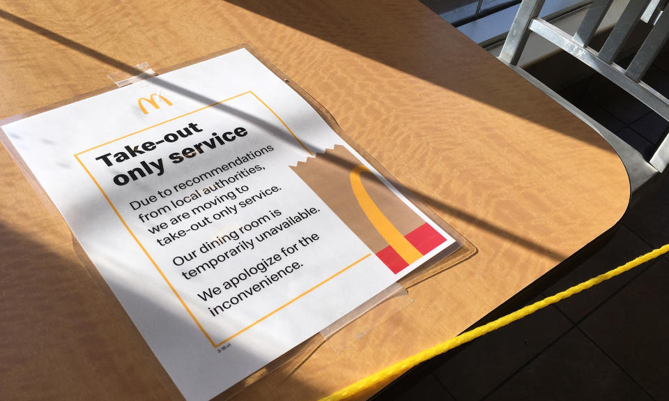 TITUSVILLE, UNITED STATES - MARCH 18, 2020: A dining room at a McDonald's in Titusville, Florida is seen roped off as restaurants across the United States begin to temporarily close dining rooms in favor of take-out and drive thru options in an effort to contain the spread of the coronavirus (COVID-19).- PHOTOGRAPH BY Paul Hennessy / Echoes Wire/ Barcroft Studios / Future Publishing (Photo credit should read Paul Hennessy / Echoes Wire/Barcroft Media via Getty Images)