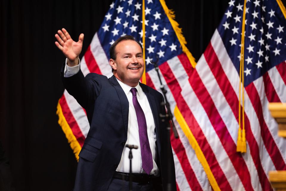 Utah Senator Mike Lee speaks during the Utah Republican Party Organizing Convention at Utah Valley University in Orem on April 22, 2023. | Ryan Sun, Deseret News