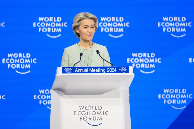 Ursula von der Leyen, President of the European Commission, speaks during a plenary session in the Congress Hall at the 54th annual meeting of the World Economic Forum (WEF) in Davos, Switzerland in January. She said Monday she will seek a second term as leader of the European Commission. Photo by Gian Ehrenzeller/EPA