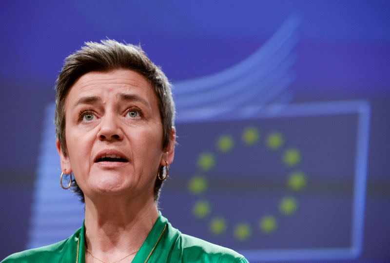 FILE PHOTO: European Competition Commissioner Margrethe Vestager presents the EU executive's economic response to the coronavirus epidemic in Brussels, Belgium