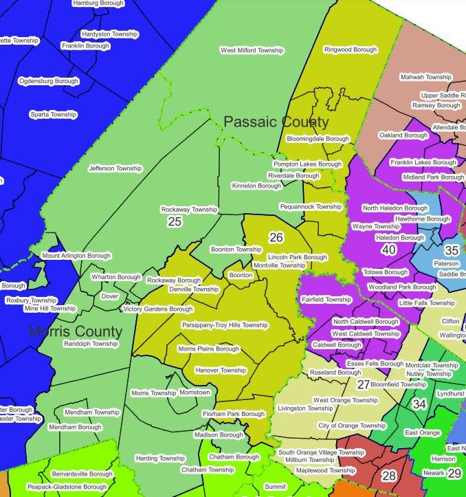 A portion of the new New jersey legislative map adopted for 2023, showing the new lines drawn that intersect with Morris County.