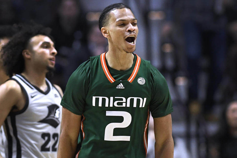 Miami guard Isaiah Wong (2) reacts in the first half of an NCAA college basketball game against Providence, Saturday, Nov. 19, 2022, in Uncasville, Conn. (AP Photo/Jessica Hill)