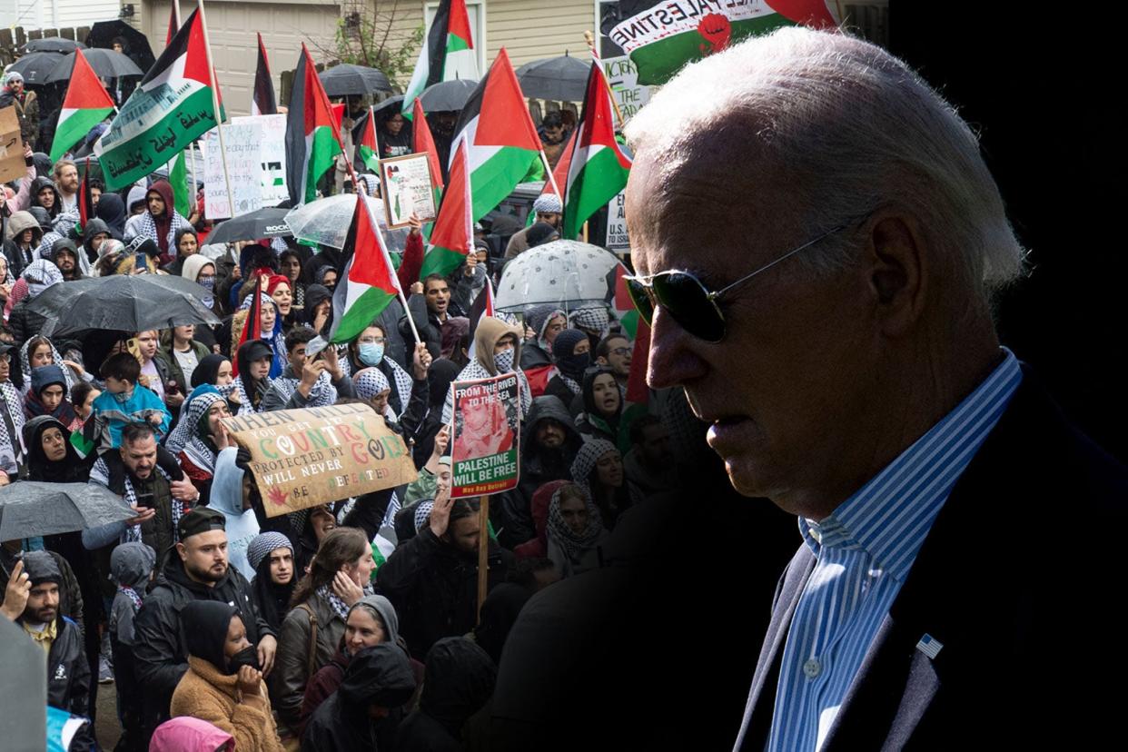 Joe Biden looking down is superimposed over an image of a Palestinian support rally.