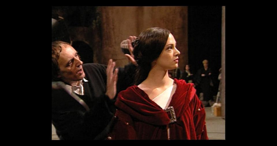 Dario Argento fixes the hair of his daughter Asia, the lead actress in his Phantom of the Opera.