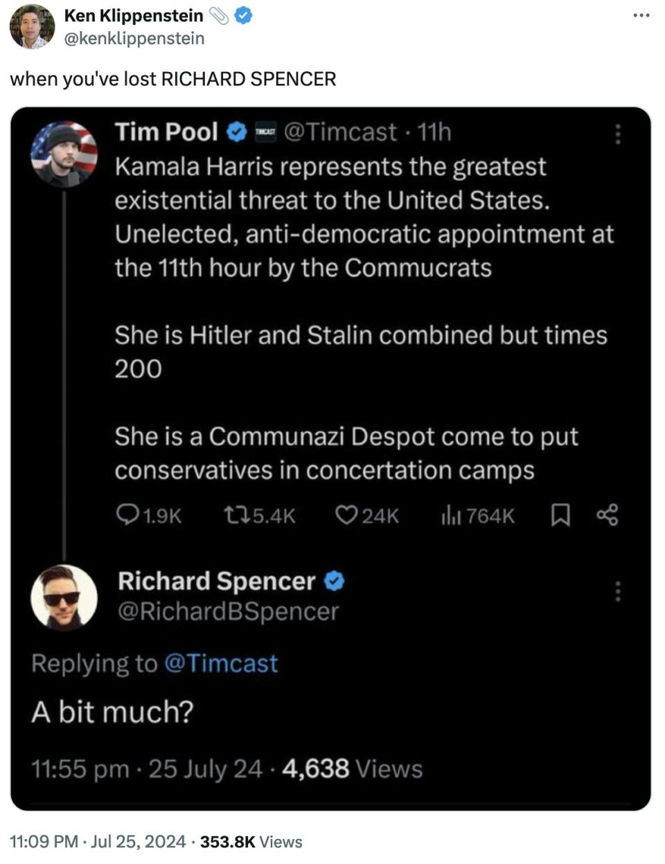 Twitter screenshot Ken Klippenstein �� @kenklippenstein: when you've lost RICHARD SPENCER (with a screenshot of the Pool/Spencer tweet exchange)