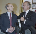 FILE - Sen. Joseph Biden, D-Del., chairman of the Senate Judiciary Committee, right, talks to President Clinton's Supreme Court nominee Stephen Breyer on Capitol Hill in Washington, on May 17, 1994. Breyer said in a letter to President Joe Biden that his retirement will take effect on Thursday, June 30, 2022, at noon, after nearly 28 years on the nation’s highest court. (AP Photo/John Duricka, File)