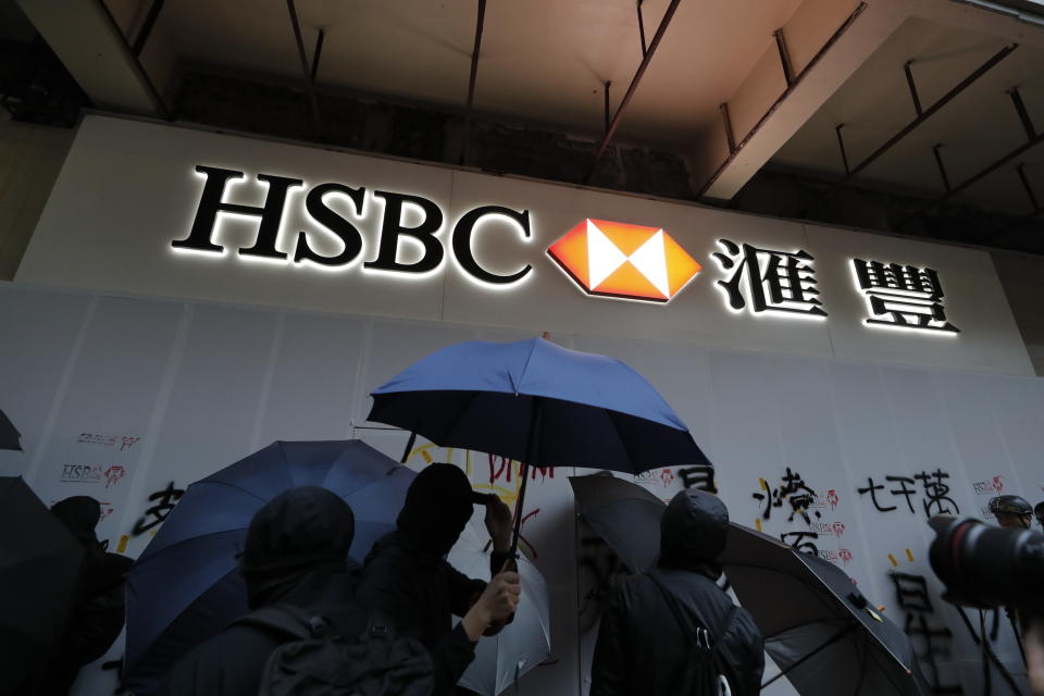 Protestors vandalize a HSBC branch in Hong Kong