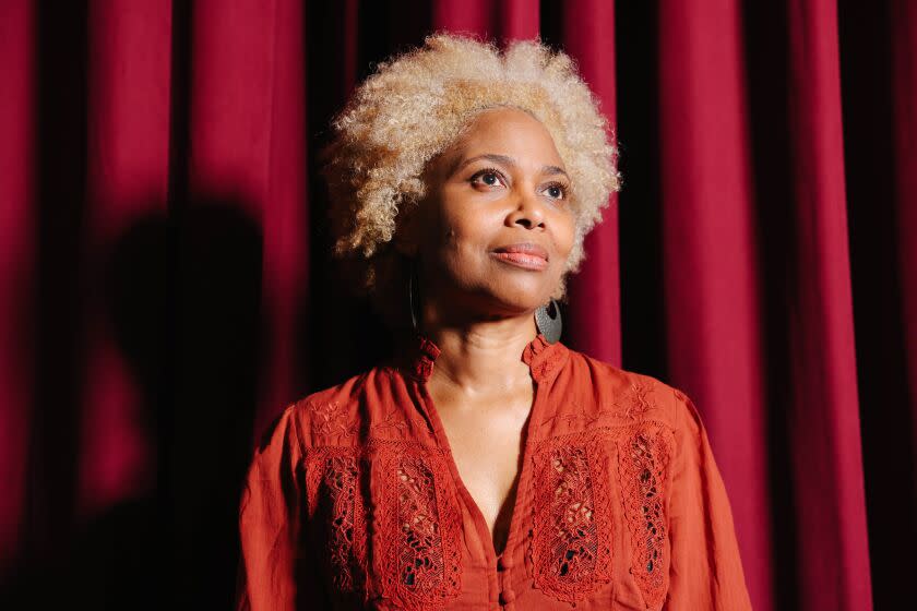 Los Angeles, CA - September 23: Inda Craig-Galvan who wrote "The Great Jheri Curl Debate," poses for a portrait at the David Henry Hwang Theater where the play performs on Friday, Sept. 23, 2022 in Los Angeles, CA. The play involves ideas about how systemic racism can pit two would-be allies against each other and what might be done to form positive growth. (Dania Maxwell / Los Angeles Times)