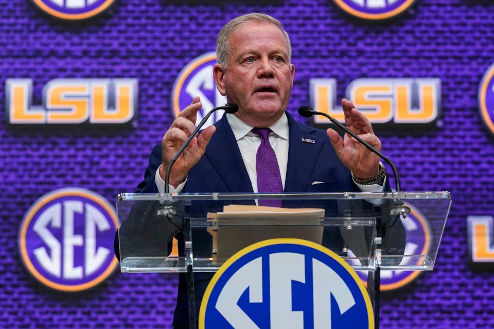 Jul 18, 2022; Atlanta, GA, USA; LSU Tigers head coach Brian Kelly speaks to the media  during SEC Media Days at the College Football Hall of Fame. Mandatory Credit: Dale Zanine-USA TODAY Sports