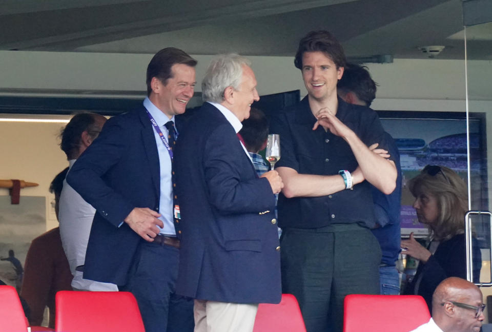 BBC Radio 1 presenter Greg James (right) in the stands during day three of the cinch Second Test match at Lord's, London. Picture date: Saturday August 14, 2021. (Photo by Zac Goodwin/PA Images via Getty Images)