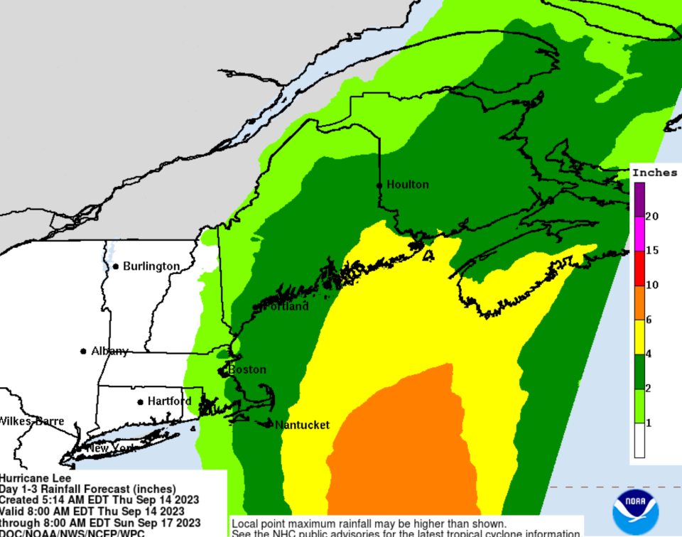 Rainfall forecast for Hurricane Lee on Thursday, September 14 (NOAA)