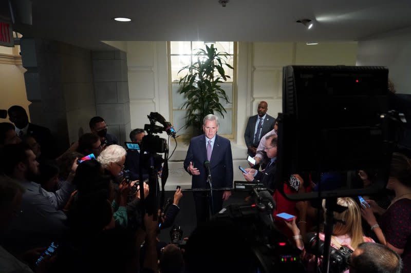 Speaker of the House Kevin McCarthy, R-Calif., had said earlier that if Democrats and five Republicans vote to remove him as House speaker he will likely lose. Photo by Bonnie Cash/UPI
