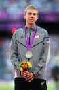 Silver medalist <a href="http://sports.yahoo.com/olympics/track-field/galen-rupp-1133597/" data-ylk="slk:Galen Rupp;elm:context_link;itc:0;sec:content-canvas" class="link ">Galen Rupp</a> of the United States poses on the podium for Men's 10,000m on Day 9 of the London 2012 Olympic Games at the Olympic Stadium on August 5, 2012 in London, England. (Photo by Mike Hewitt/Getty Images)