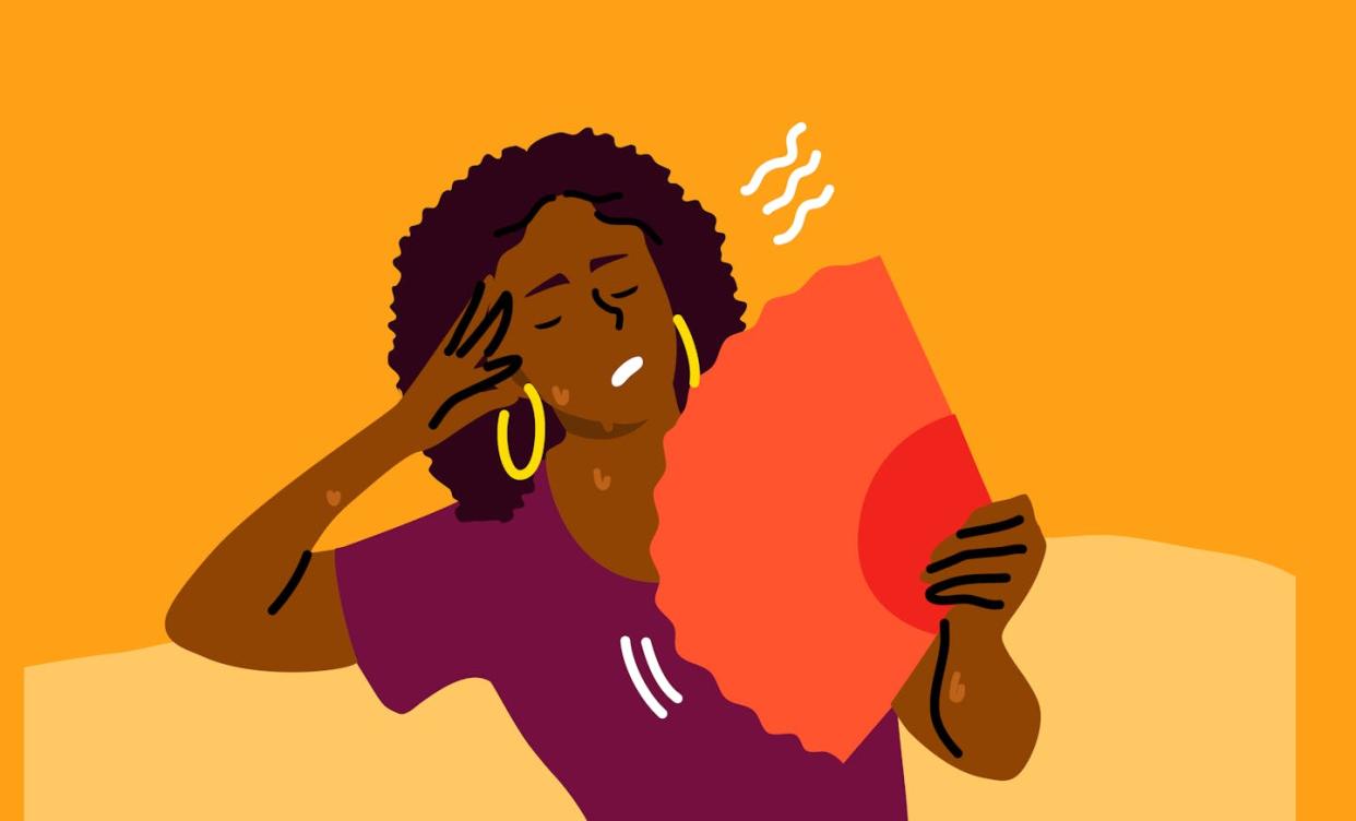 Hot flashes can happen anywhere, including at work. <a href="https://www.gettyimages.com/detail/illustration/mental-stress-heat-dehydration-inconvenience-royalty-free-illustration/1256459717" rel="nofollow noopener" target="_blank" data-ylk="slk:Aleksei Morozov/iStock via Getty Images Plus;elm:context_link;itc:0;sec:content-canvas" class="link ">Aleksei Morozov/iStock via Getty Images Plus</a>